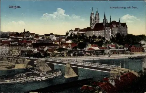 Ak Meißen an der Elbe, Albrechtsburg mit Dom, Brücke, Salondampfer