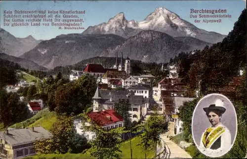 Ak Berchtesgaden in Oberbayern, Blick auf den Ort, Frau in Tracht