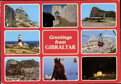 Ak Gibraltar, Detailansichten, Affe, Leuchtturm, Seilbahn, Flugzeug, Treppe zum Tor