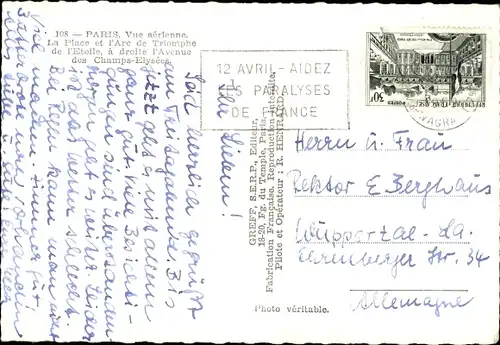 Ak Paris VIII, Triumphbogen, Arc de Triomphe, Luftbild