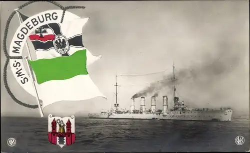 Ak Deutsches Kriegsschiff, SMS Magdeburg, Kleiner Kreuzer, Kaiserliche Marine, Fahnen, Wappen