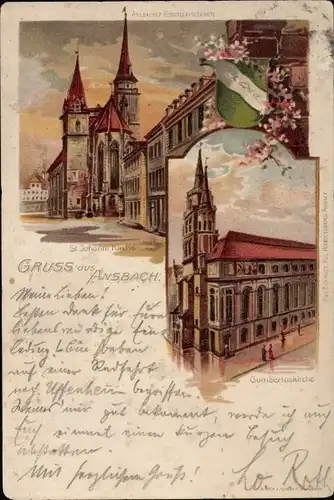 Litho Ansbach in Mittelfranken Bayern, St. Johann Kirche, Gumbertuskirche