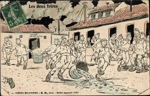 Künstler Ak Scenes Militaires, Les deux freres, Halte La