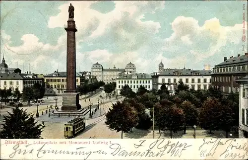 Ak Darmstadt in Hessen, Luisenplatz mit Monument Ludwig I., Tram