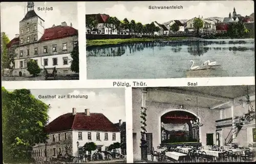 Ak Pölzig in Thüringen, Schloss, Schwanenteich, Gasthof zur Erholung, Saal