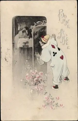 Ak  Glückwunsch Neujahr, Bonne Année, Pierrot beobachtet Liebespaar
