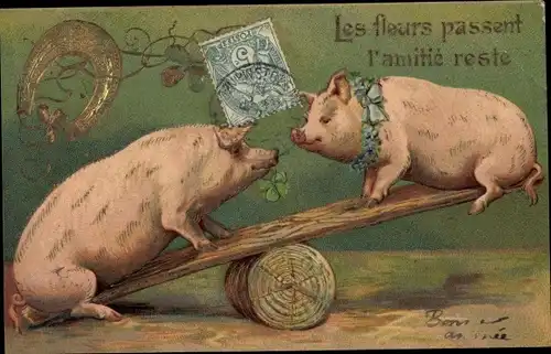 Präge Ak Schweine beim Wippen, Hufeisen, Glücksklee