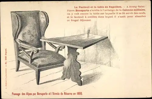 Ak Bourg Saint Pierre Kanton Wallis Schweiz, Le Fauteuil et la table de Napoleon