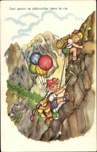 Ak Liebespaar beim Klettern, Faut savoir debrouiller dans la vie, Ballons