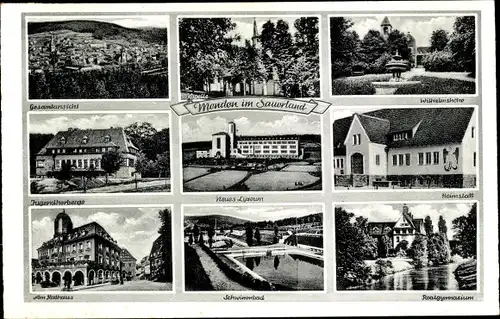 Ak Menden im Sauerland, Jugendherberge, Rathaus, Schwimmbad, Heimstatt, Realgymnasium, Kapelle