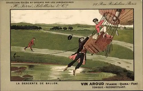 Künstler Ak La descente de Ballon, Vin Aroud, Reklame Vin Aroud, Laboratoires Ferré, Blottiere & Cie