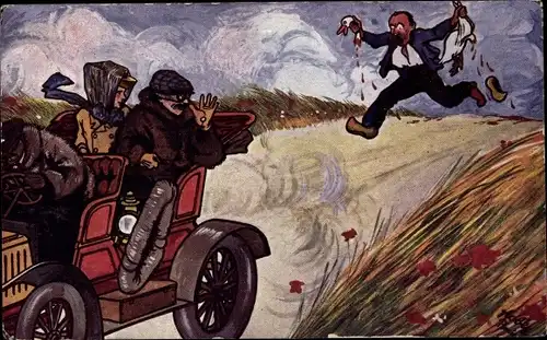 Künstler Ak Autofahrt, Autofahrer haben Gans überfahren