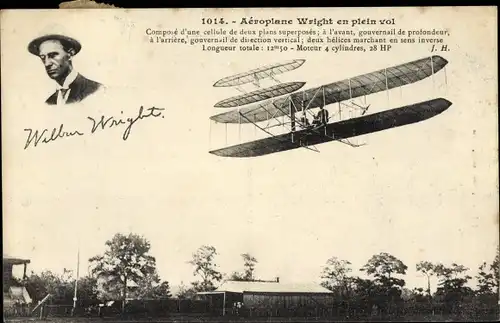 Ak Aéroplane Wright en plein vol, Wilbur Wright, Biplan