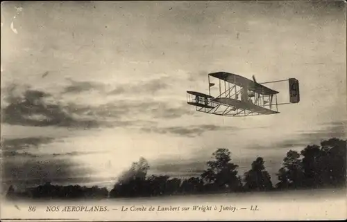 Ak Nos Aeroplanes, Le Comte de Lambert sur Wright a Juvisy, Biplan, Doppeldecker