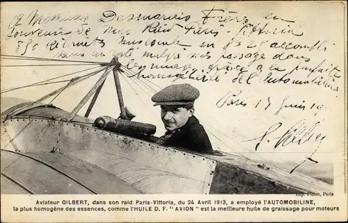 Ak Aviateur Gilbert, dans son raid Paris Vittoria 1913, Pilot, Flugzeug