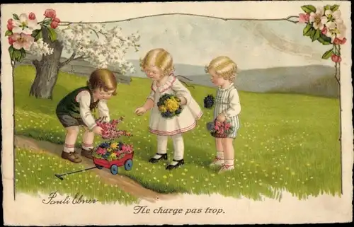 Künstler Litho Ebner, Pauli, Ne charge pas trop, Kinder pflücken Blumen