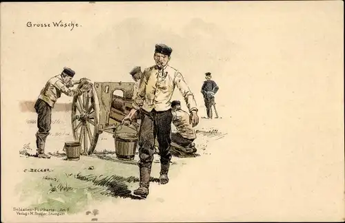 Künstler Litho Becker, C., Große Wäsche, Soldaten putzen Geschütz