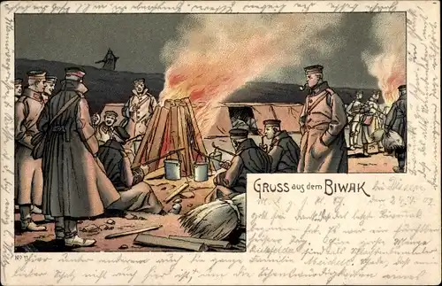 Künstler Litho Biwak, Soldaten um ein Lagerfeuer