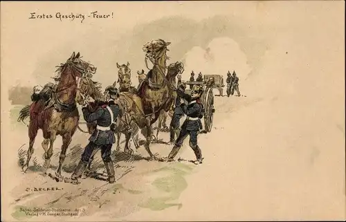 Künstler Litho Becker, C., Erstes Geschütz-Feuer, scheuende Pferde