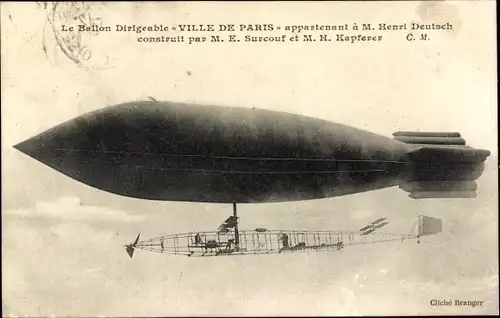 Ak Ballon dirigéable Ville de Paris, Henri Deutsch, Surcouf, Kapferer, Französisches Luftschiff