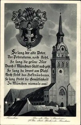 Gedicht Wappen Ak München Bayern, Münchener Kindl, Der alte Peter, Petersturm, Pfarrkirche