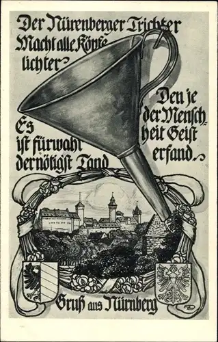 Künstler Ak Nürnberg, Nürnberger Trichter, Teilansicht, Wappen