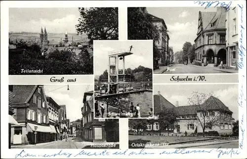 Ak Schwelm in Westfalen, Post, Ortskrankenkasse, Hauptstraße, Freibad, Teilansicht