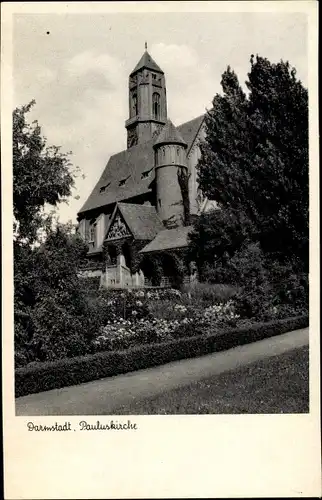 Ak Darmstadt in Hessen, Blick auf die Pauluskirche, Straßenpartie