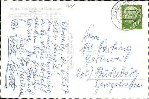 Ak Bad Neuenahr Ahrweiler in Rheinland Pfalz, Cafe-Restaurant Hohenzollern