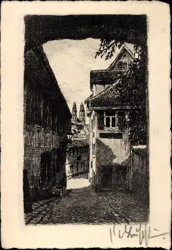 Künstler Ak Zürich Stadt Schweiz, Schipfe mit Blick auf Großmünster