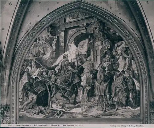 Foto Aachen in Nordrhein Westfalen, Rathaus, Krönungssaal, Innenansicht, Einzug Karl des Großen