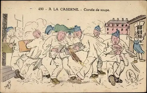 Künstler Ak A la Caserne, Corvée de soupe
