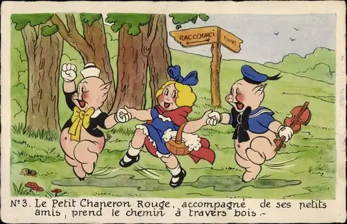 Künstler Ak Petit Chaperon Rouge, Rotkäppchen, Die drei kleinen Schweinchen, Walt Disney