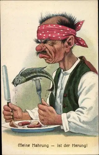 Ak Mann am Tisch mit einer Fisch-Speise, Meine Nahrung ist die Harung