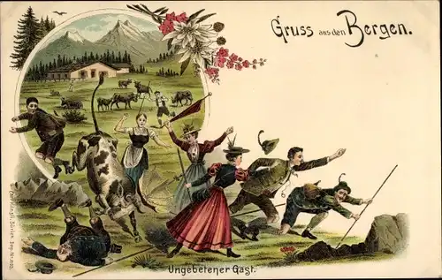 Litho Gruss aus den Bergen, Ungebetener Gast, Wanderer, Kuh