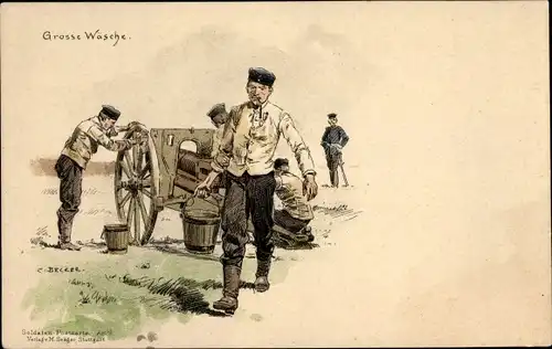 Künstler Litho Becker, C., Große Wäsche, Soldaten putzen Geschütz