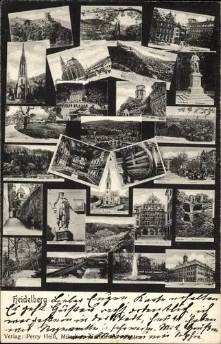 Ak Heidelberg am Neckar, Stadtansichten, Denkmal, Burg, Kirche, Perkeo, großes Fass