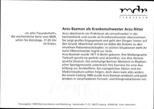 Ak Schauspielerin Arzu Bazman, Portrait, Autogramm, In aller Freunschaft, ARD, MDR