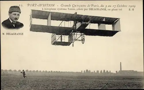 Ak Port Aviation, Grande Quinzaine de Paris du 3 au 17 Octobre 1909, Aéroplane Voisin, Delagrange