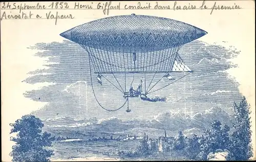 Litho Dirigeable, Henri Giffard conduit le premier Aerostat a Vapeur, 1852, Luftschiff