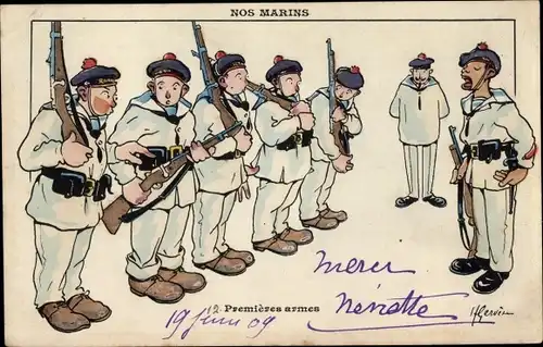 Künstler Ak Henri Gervèse, Nos Marins, Premières armes, Matrosen, Gewehre