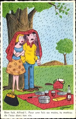 Künstler Ak Gondot, Paar sucht Schutz vor dem Regen unter einem Baum, Picknick