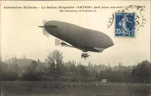Ak Aérostation militaire, Ballon Dirigéable Patrie, Raid Paris Verdun, Französisches Luftschiff