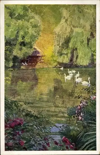 Künstler Ak Wilh. Volz, Karlsruhe in Baden, Stadtgarten, Schwanenteich