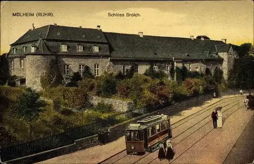 Ak Mülheim an der Ruhr, Schloss Broich, Straßenbahn
