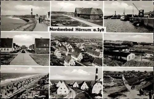 Ak Hörnum auf Sylt Nordfriesland, Teilansicht, Hafen, Leuchtturm, Strand, Straßenpartie