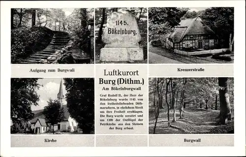 Ak Burg in Dithmarschen, Bökelnburgwall, Aufgang zum Burgwall, Kirche, Krenzerstraße, Gedenkstein