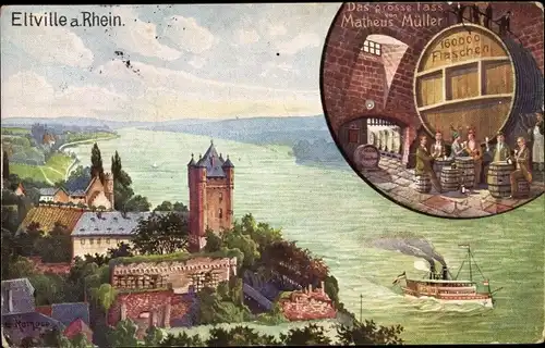 Ak Eltville am Rhein Hessen, Das große Fass v. Mattheus Müller, Stadt, Dampfer