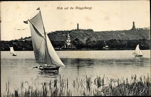 Ak Berlin Köpenick, Segelpartie mit Blick auf die Müggelberge