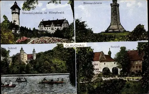 Ak Glauchau, Genesungsheim im Rümpfwald, Bismarckturm, Schlossansichten